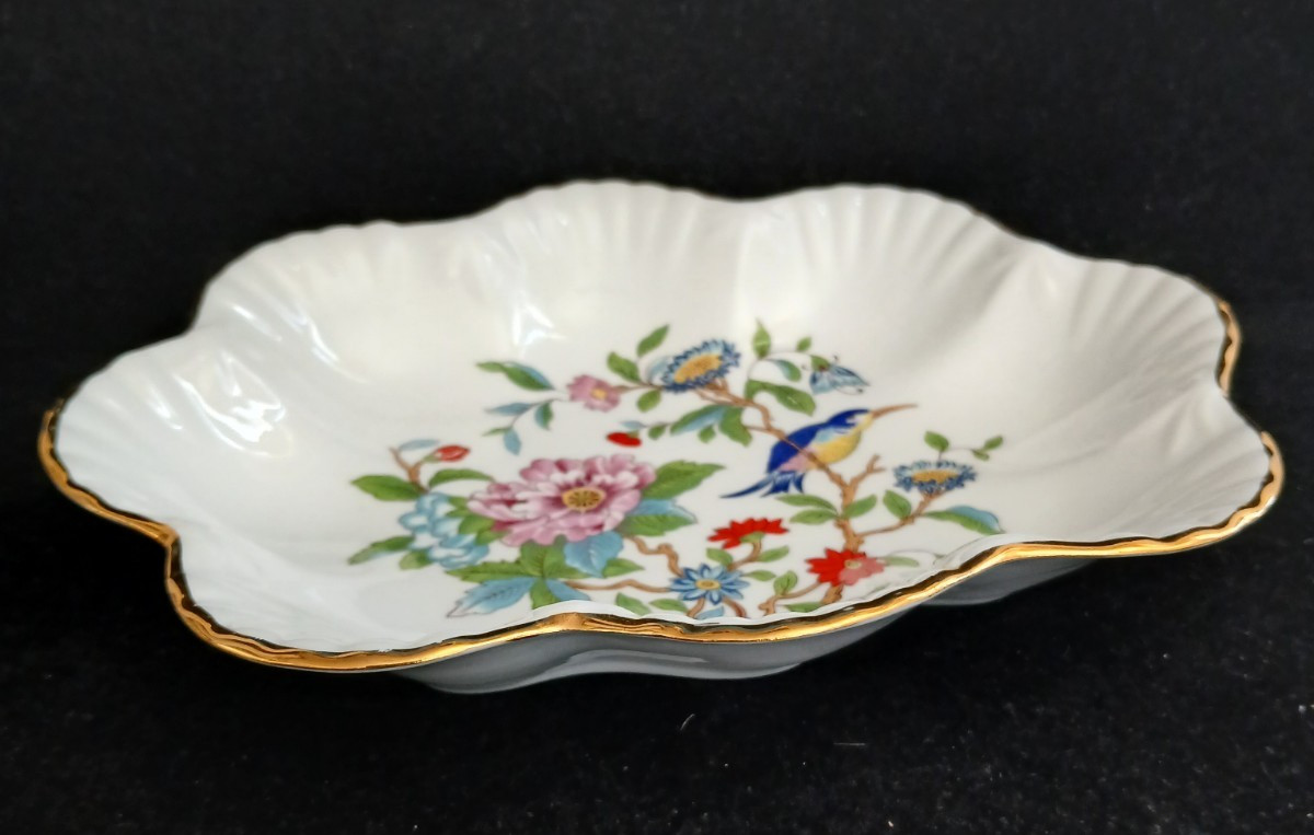 Aynsley England Pembroke Scalloped Bone China Oval Dish Floral Bird Design