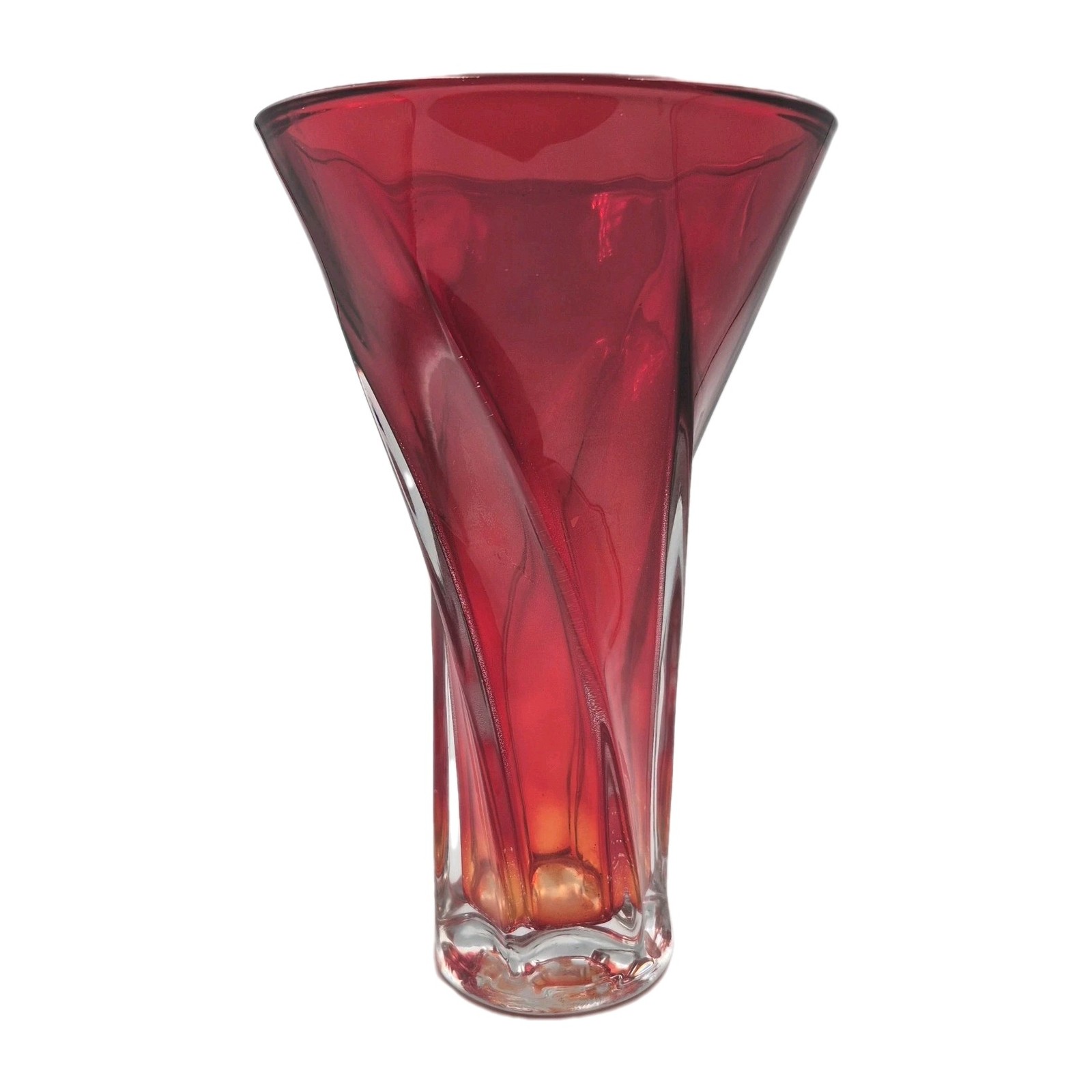 Ruby Red and Clear Glass Tornado Swirl Vase 9