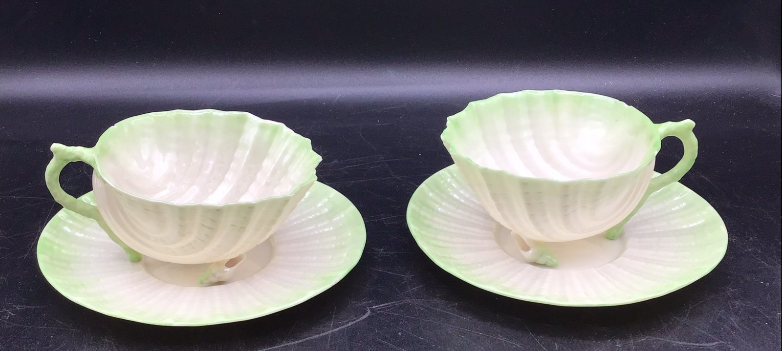 2 Vtg Belleek Neptune or Nautilus Shell Cup Saucer sets 2nd Black mark 1891-1926