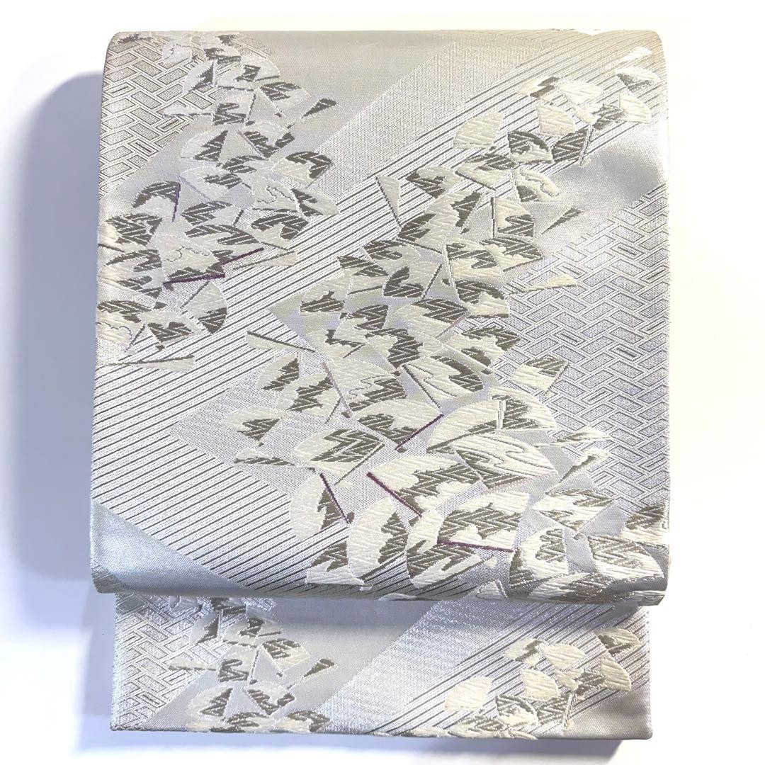 MR.mu Vintage Silk Fukuro Obi Kimono Belt Silver White Purple 31.5cm x 422cm