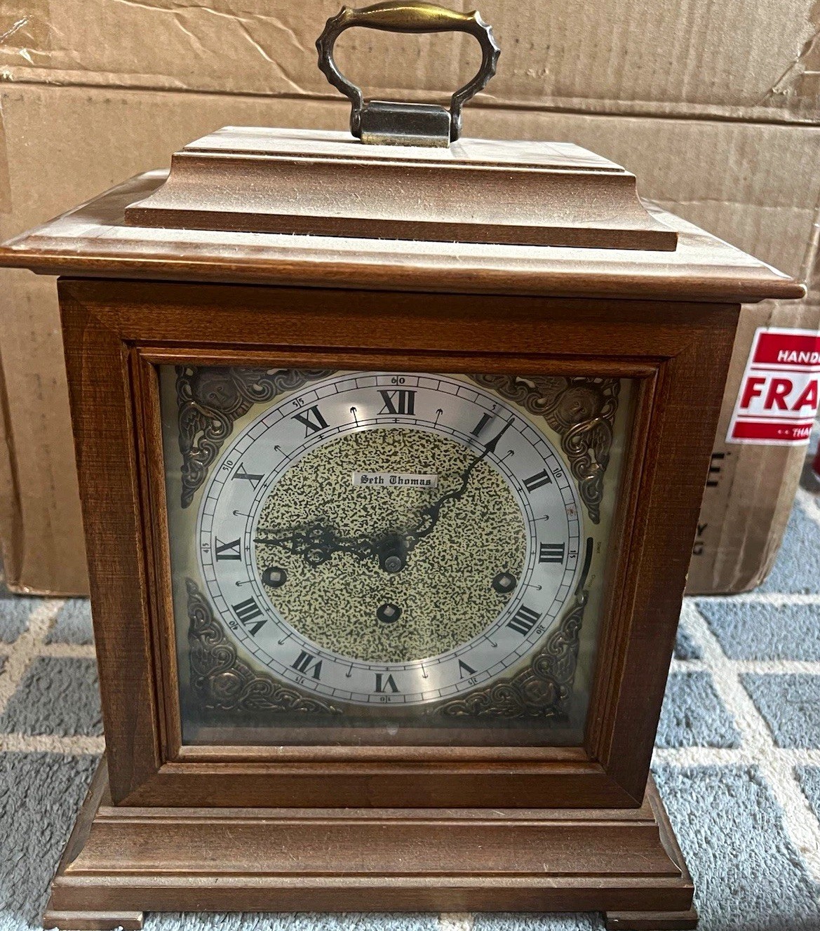 Vintage Seth Thomas 3-Wind Mantel Bracket Clock Wood Case Roman Numerals Chime