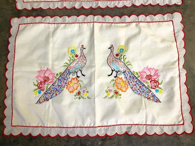 2 VTG Hand Embroidered Pillowcases Shams Set Peacock Colorful Red Edge Vintage