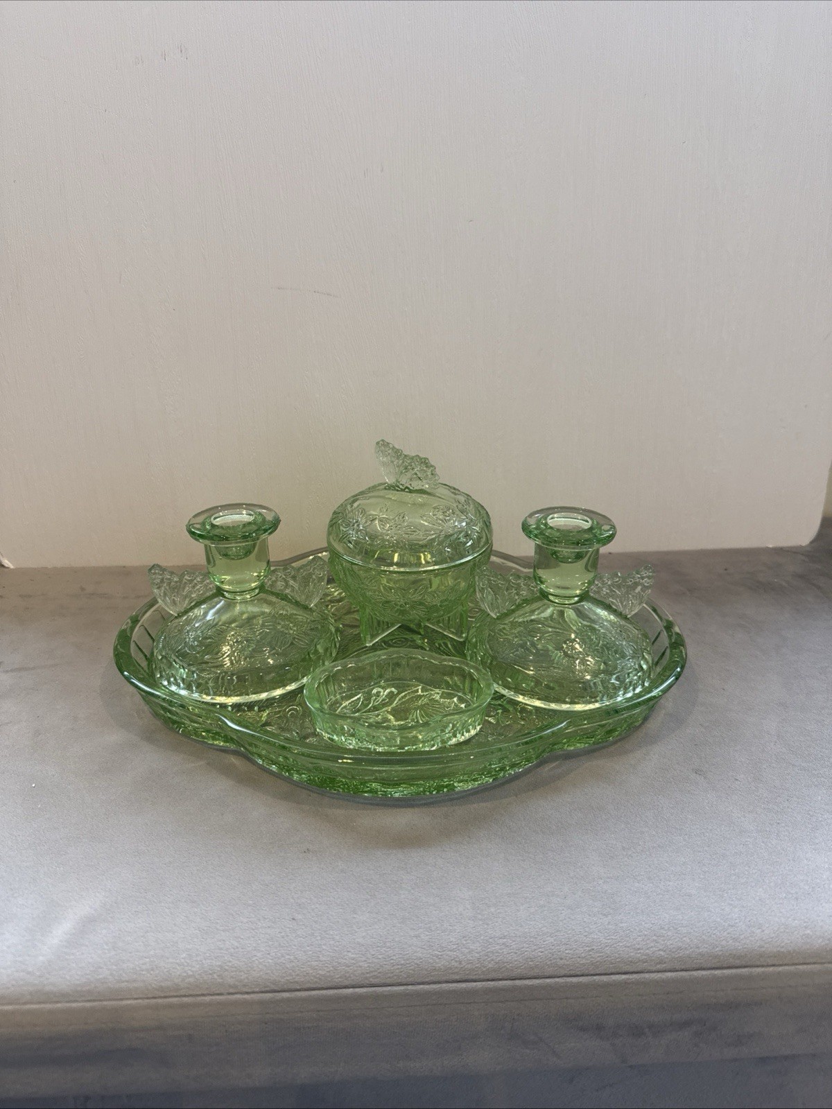 Vintage Green Glass Butterfly Pattern 5 Piece Dressing Table Set