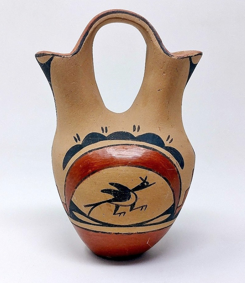 Zia Pueblo Ruby Panama Polychrome Wedding Vase Double‑Spout Signed Vintage
