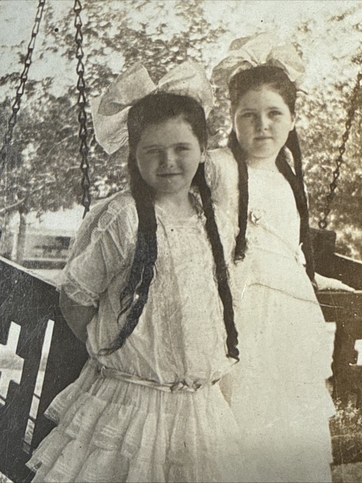 Porch Swing 1923 Girls Ringlet Hair Photo Vtg House Mary Jane Shoes Dresses Bows