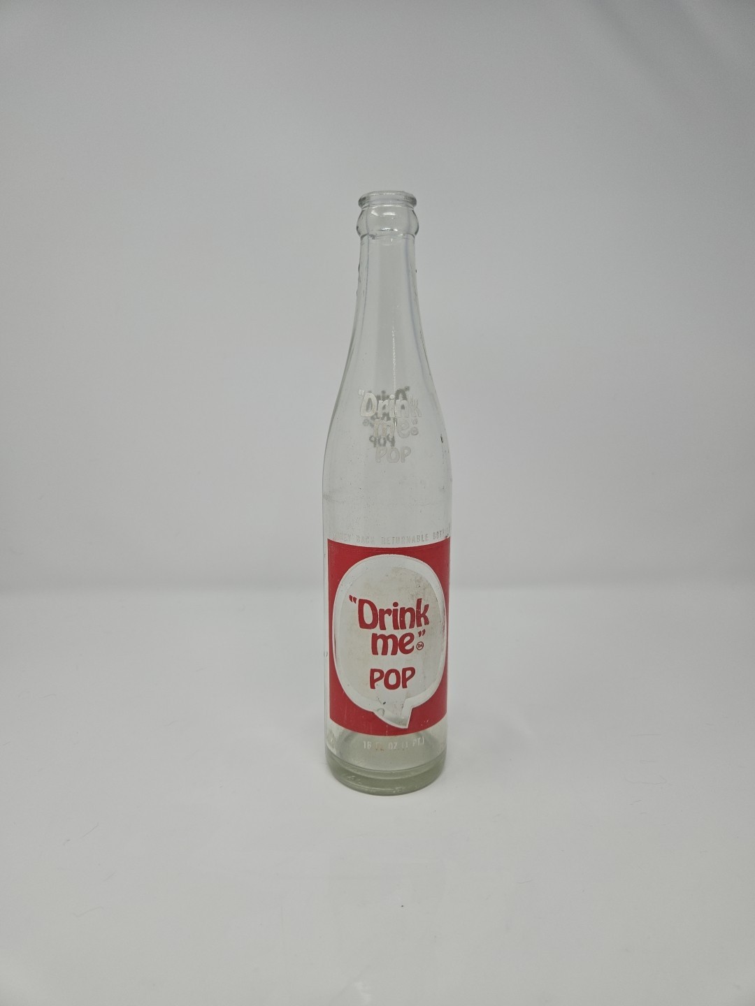 Vintage Pint Beverage Glass Soda Bottle DRINK ME POP 16oz Glen Burnie Maryland