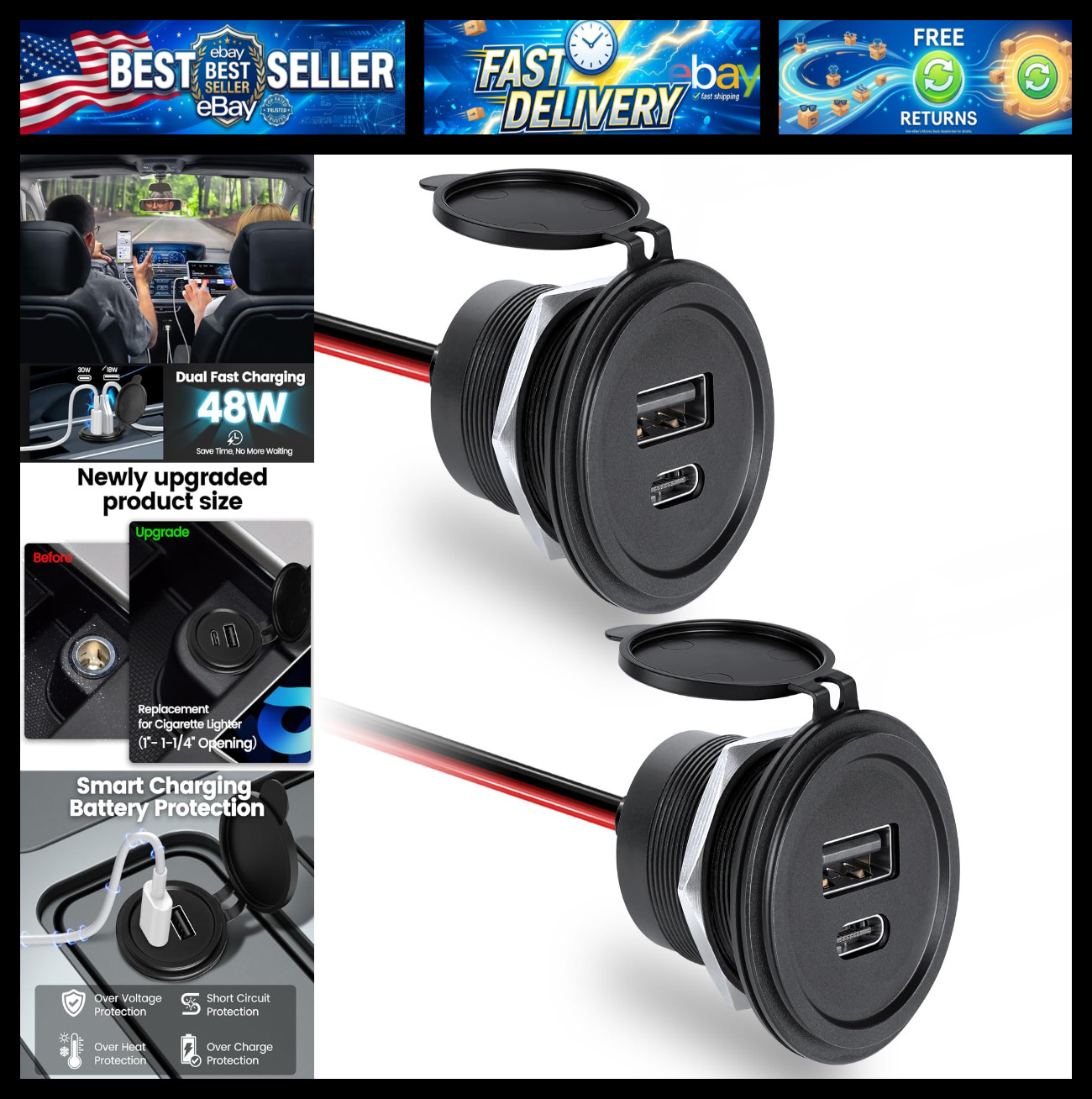 12V USB Outlet 30W PD USB-C & 18W QC3.0 Aluminum Car Charger, Dual Fast Charging