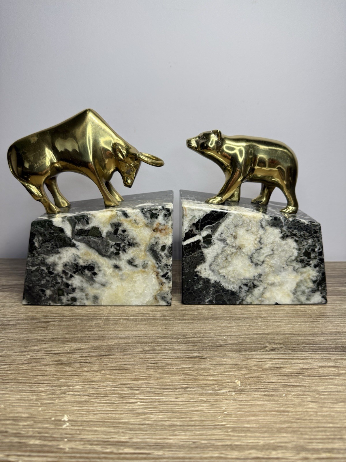 Vintage Set of Wall Street Bear & Bull Brass Marble Book Ends Rare Blk & White