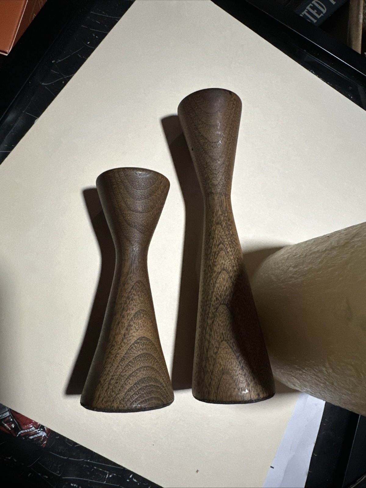 Set Of 2 Vintage Hand Turned Walnut Candlesticks one 7” and one 5”