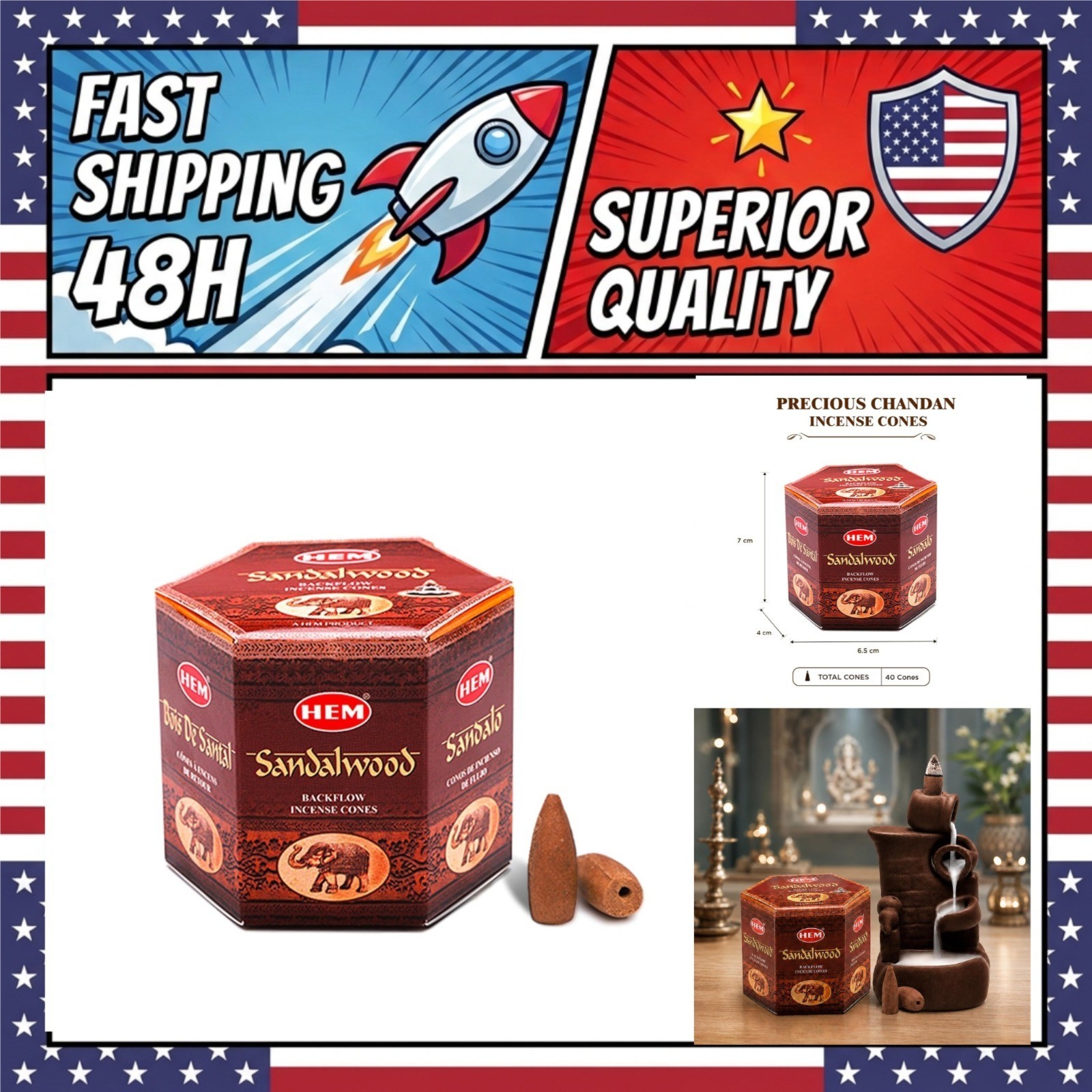 HEM Sandalwood Backflow Incense Cones 40 Pack Aromatherapy Meditation HEM Sandalwood Backflow Incense Cones 40 Pack Aromatherapy Meditation