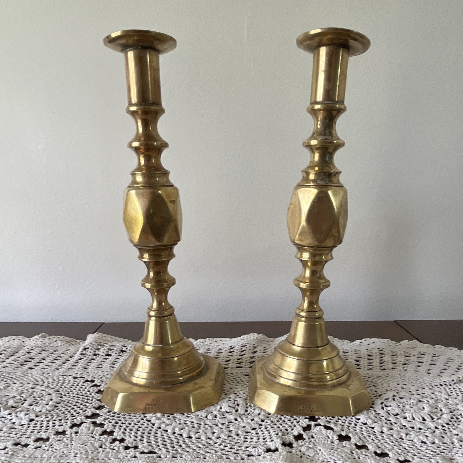Antique English Brass “The Diamond Princess” Candlesticks Pair Early 1900s 11in