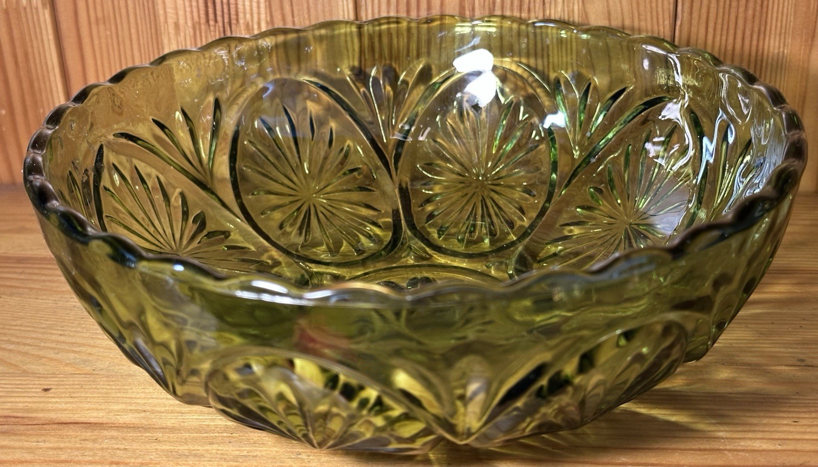 Anchor Hocking - Medallion Avocado Green 8” Glass Bowl - Vintage 1950’s MCM