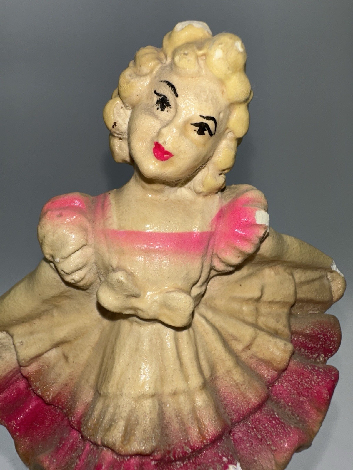 Rare Vintage 1930-50’s Shirley Temple Chalkware Figurine, Yellow & Pink Dress 9”