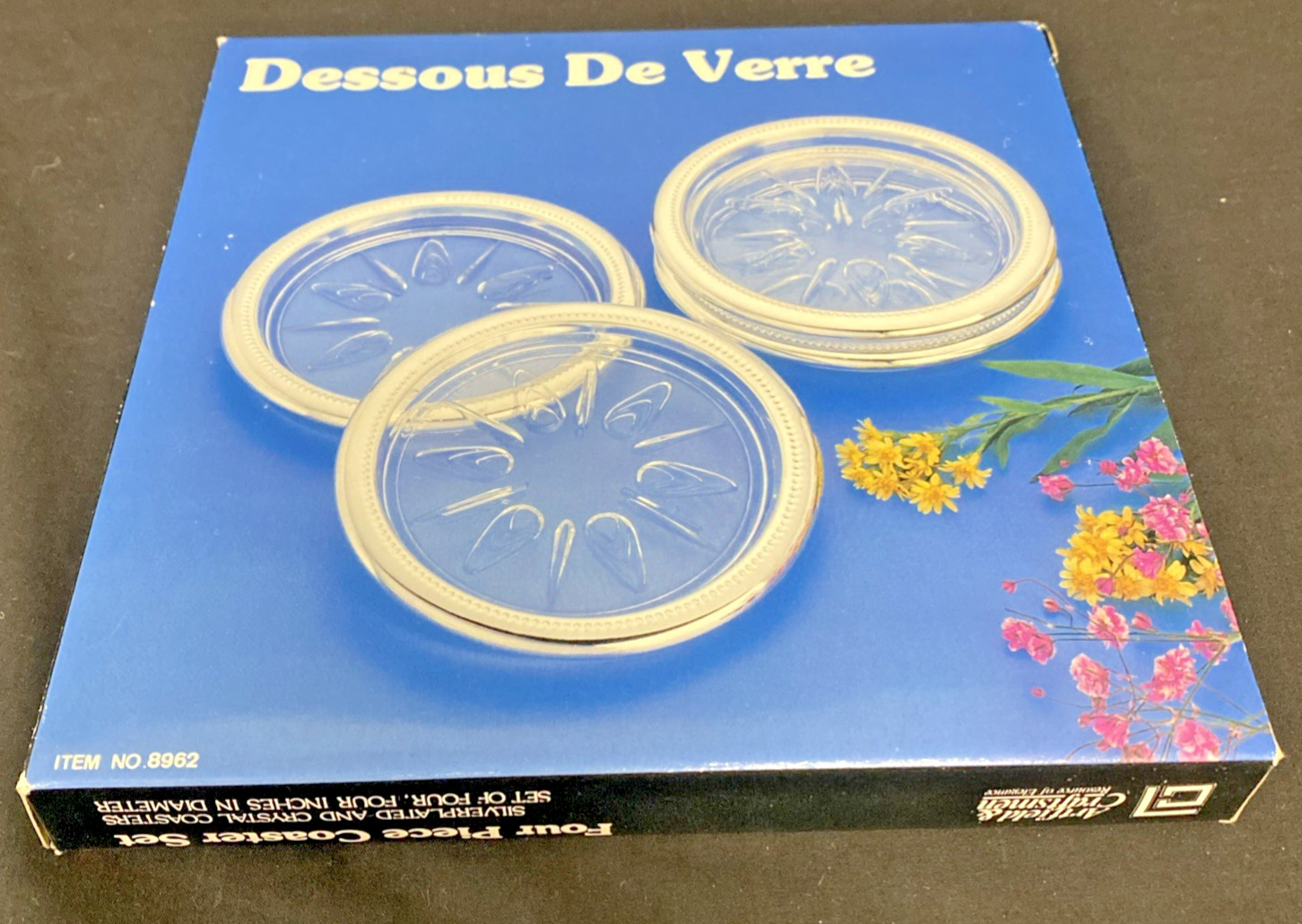 Artfield & Craftsmen Dessous De Verre - Silver Plated Crystal Coasters - NIB Vtg