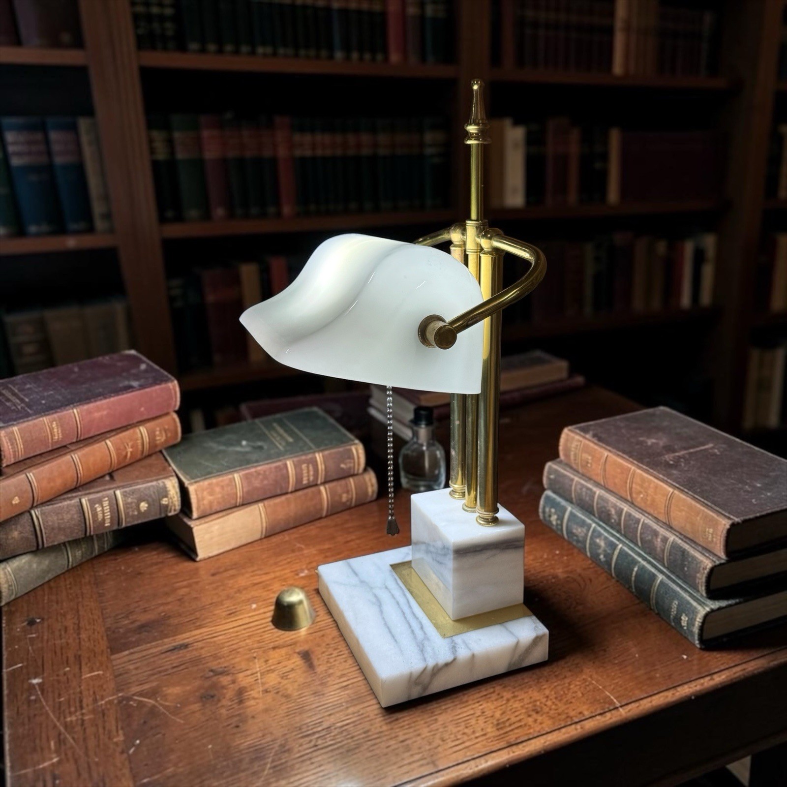 Vintage Banker's Desk Lamp Marble Base Brass Arm White Glass Shade