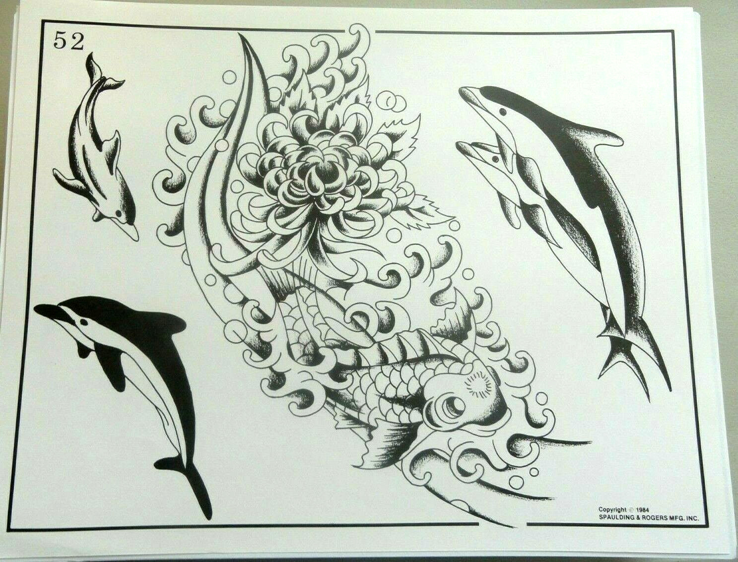 Vintage 1984 Spaulding & Rogers Tattoo Flash Sheet #52 Koi Dolphin