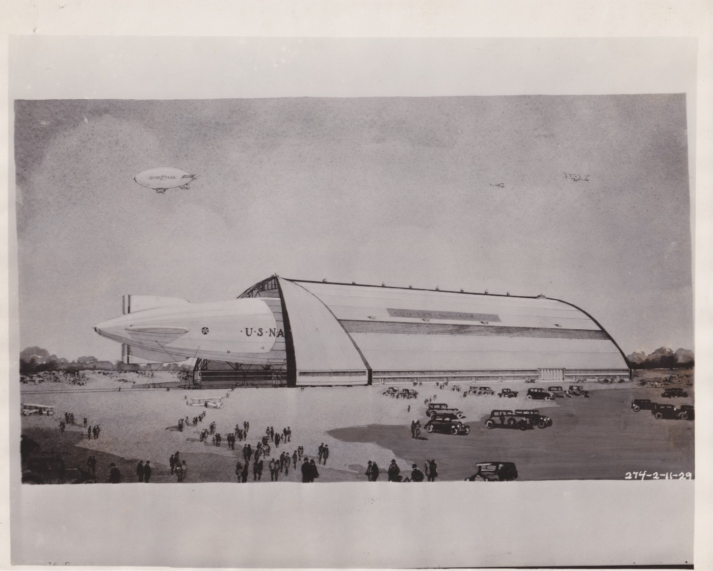 1929 Press Photo Artist Drawing Goodyear Zeppelin Company Airship Factory & Dock