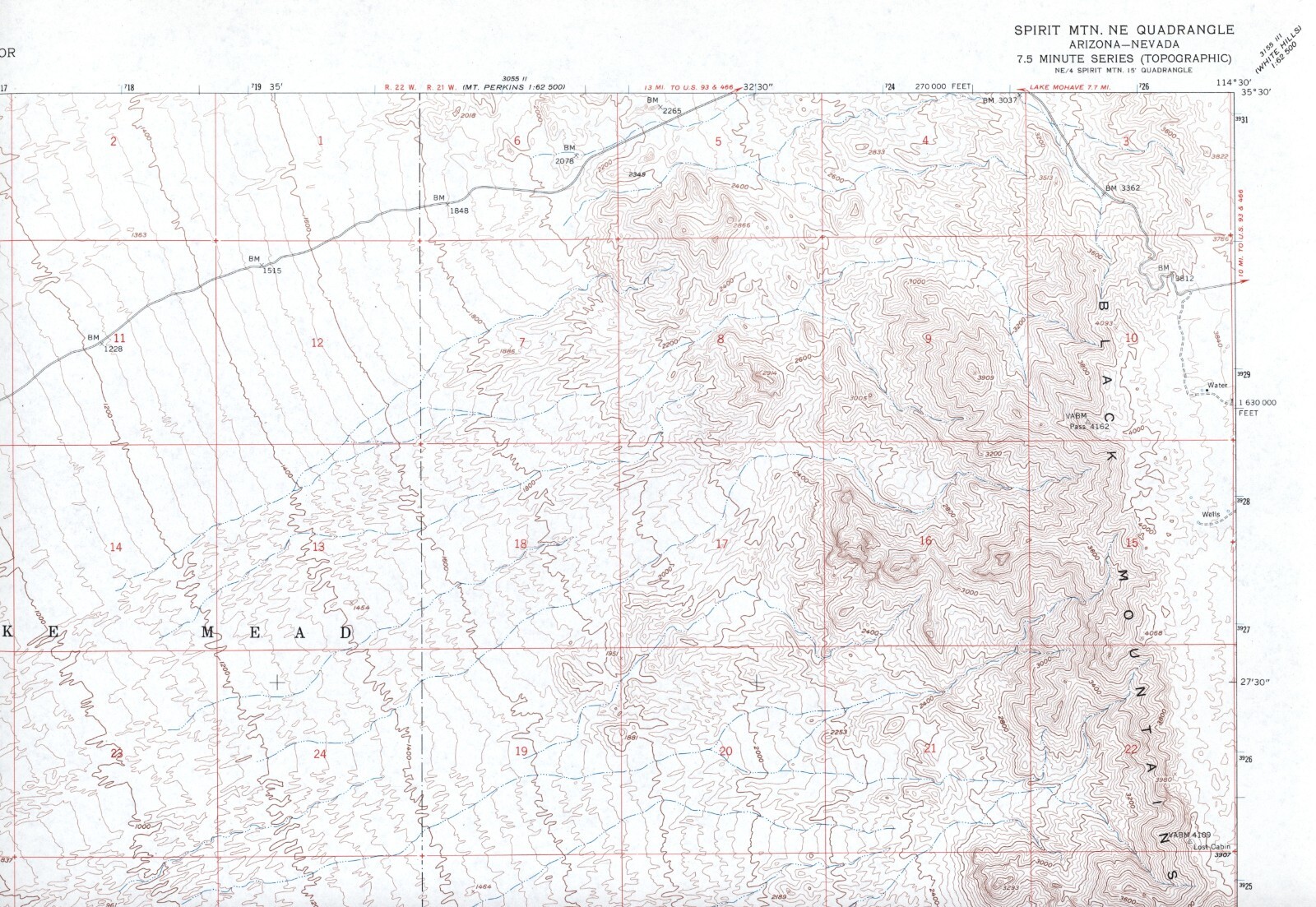 Spirit Mtn. NE Quadrangle Arizona-Nevada 1959 USGS Map 7.5 Minute Topographic