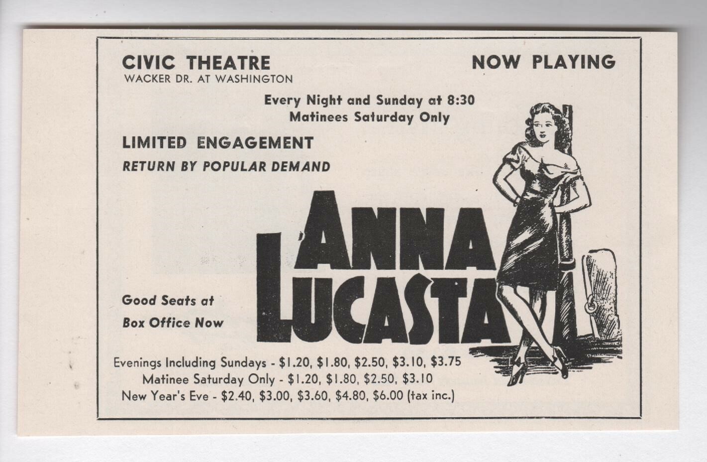 Vintage 1940's Civic Theatre Wacker Dr. - Anna Lucasta - 1946 Show Ad