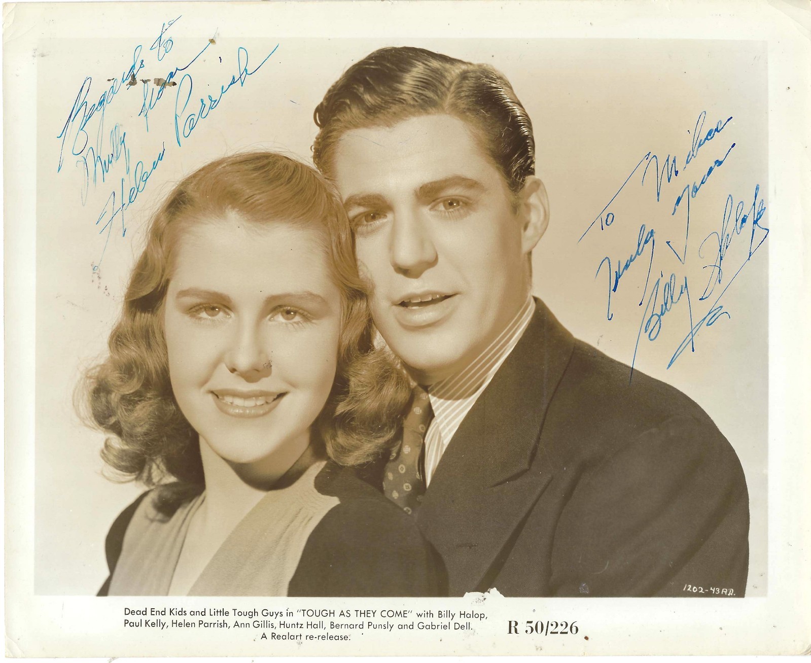 ACTORS BILLY HALOP  & HELEN PARRISH, SIGNED VINTAGE STUDIO PHOTO.