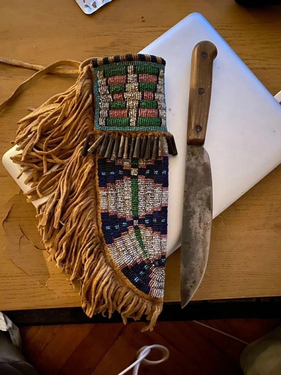 Native Indian Style Beaded Handmade Hide Knife Sheath Sioux Beaded Knife Cover