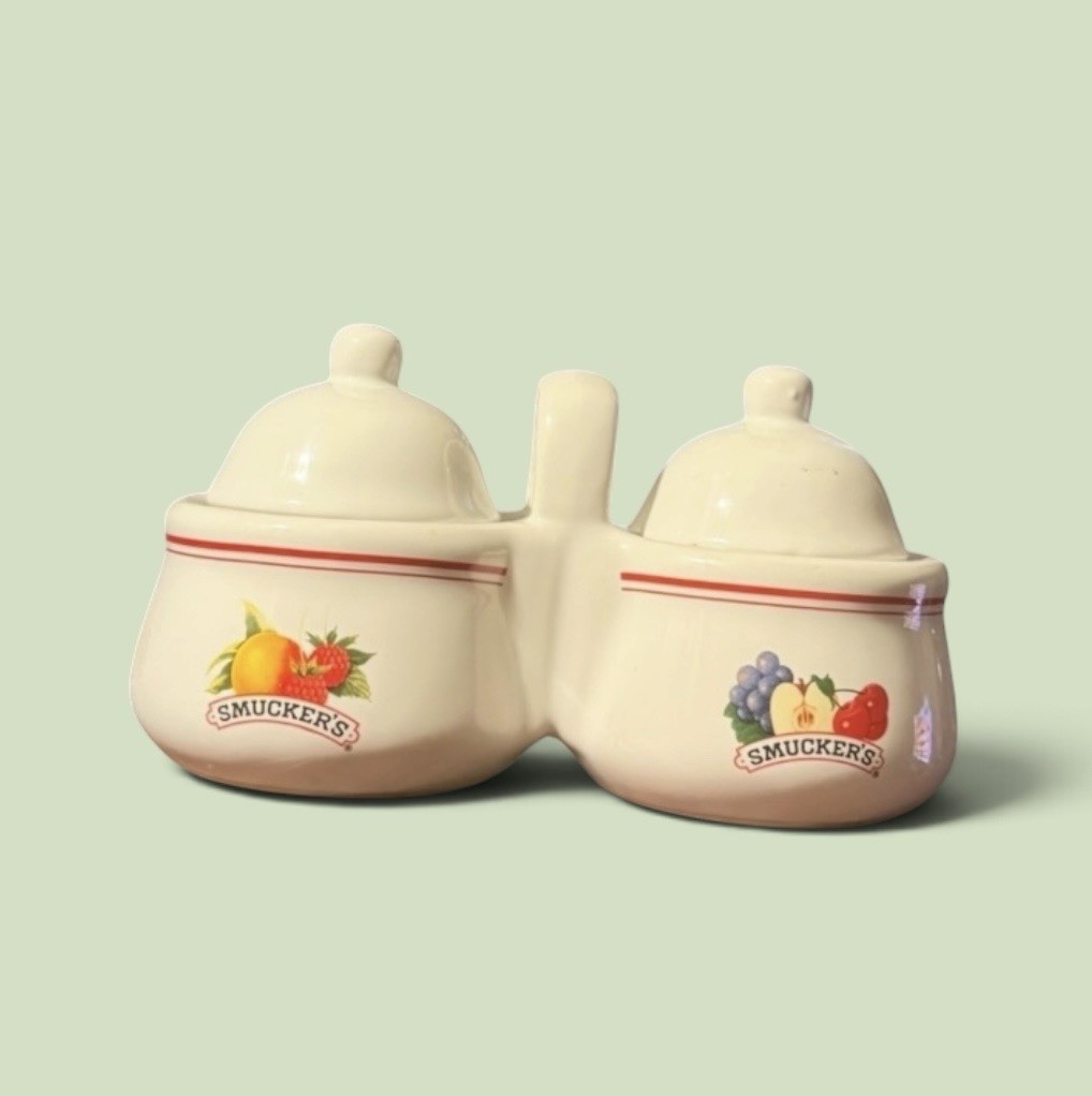 Vintage~1970s~Smucker’s~ Jam or Jelly Server Set~Ceramic~Lids~ White with Fruit Vintage~1970s~Smucker’s~ Jam or Jelly Server Set~Ceramic~Lids~ White with Fruit