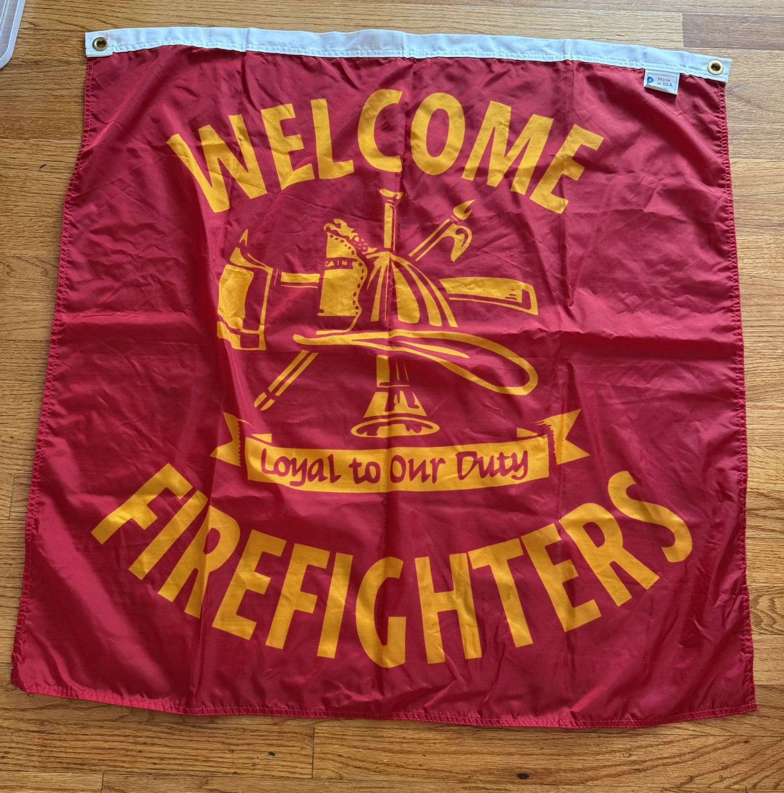 Vintage Welcome Firefighters Large Red Banner Event Flag Made in USA 3ft x 3ft