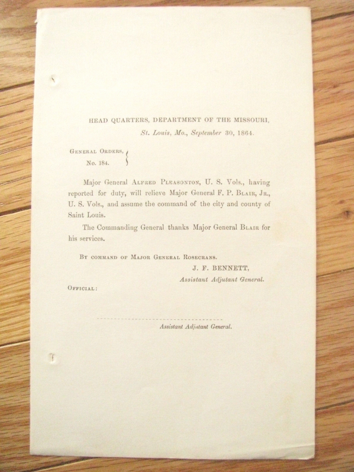 CIVIL WAR MISSOURI GENERAL ALFRED PLEASANTON COMMAND ORDER I864