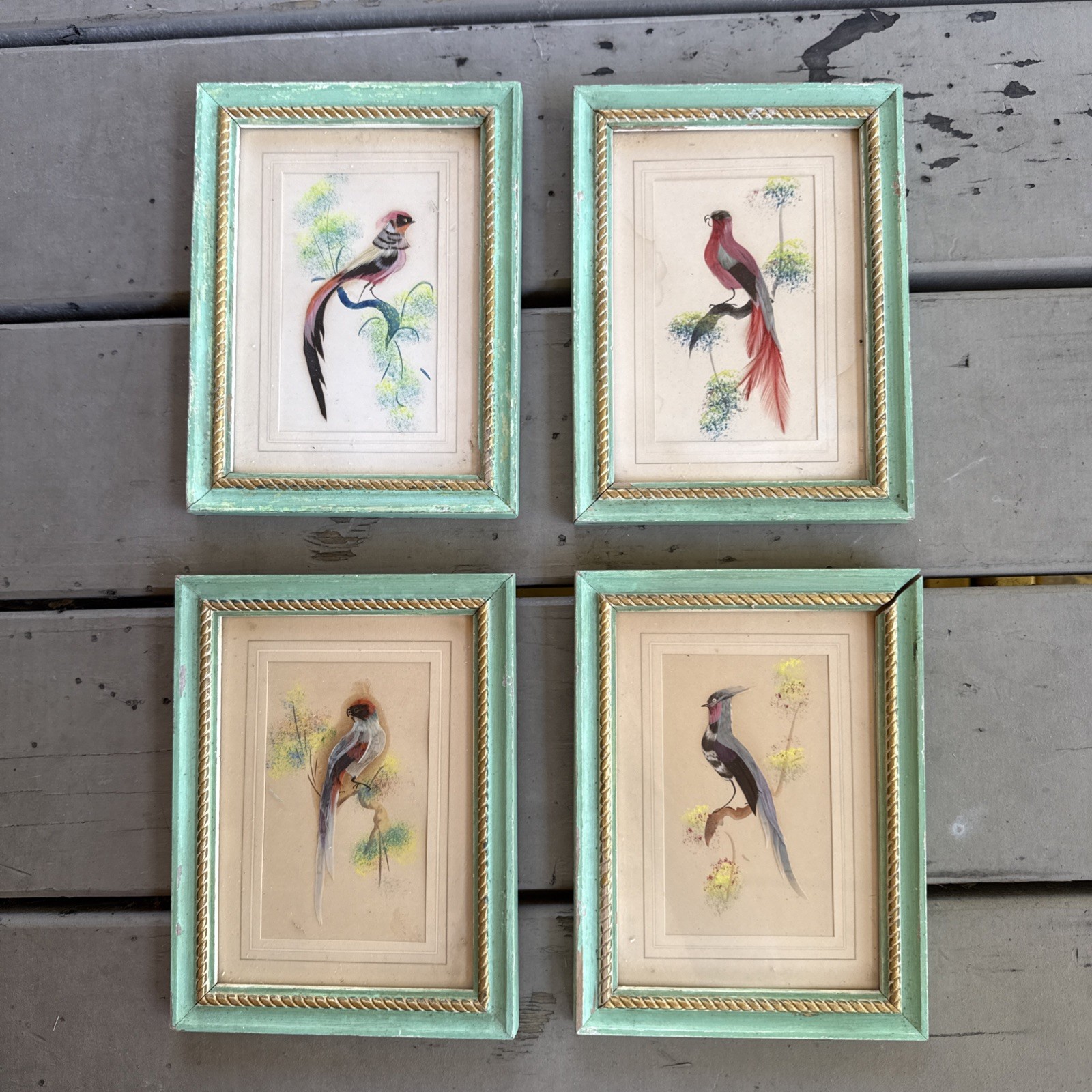 ⁠Vintage Mexican Feather Art Bird Framed 4pc Set Carved Mint Green Rope Wood