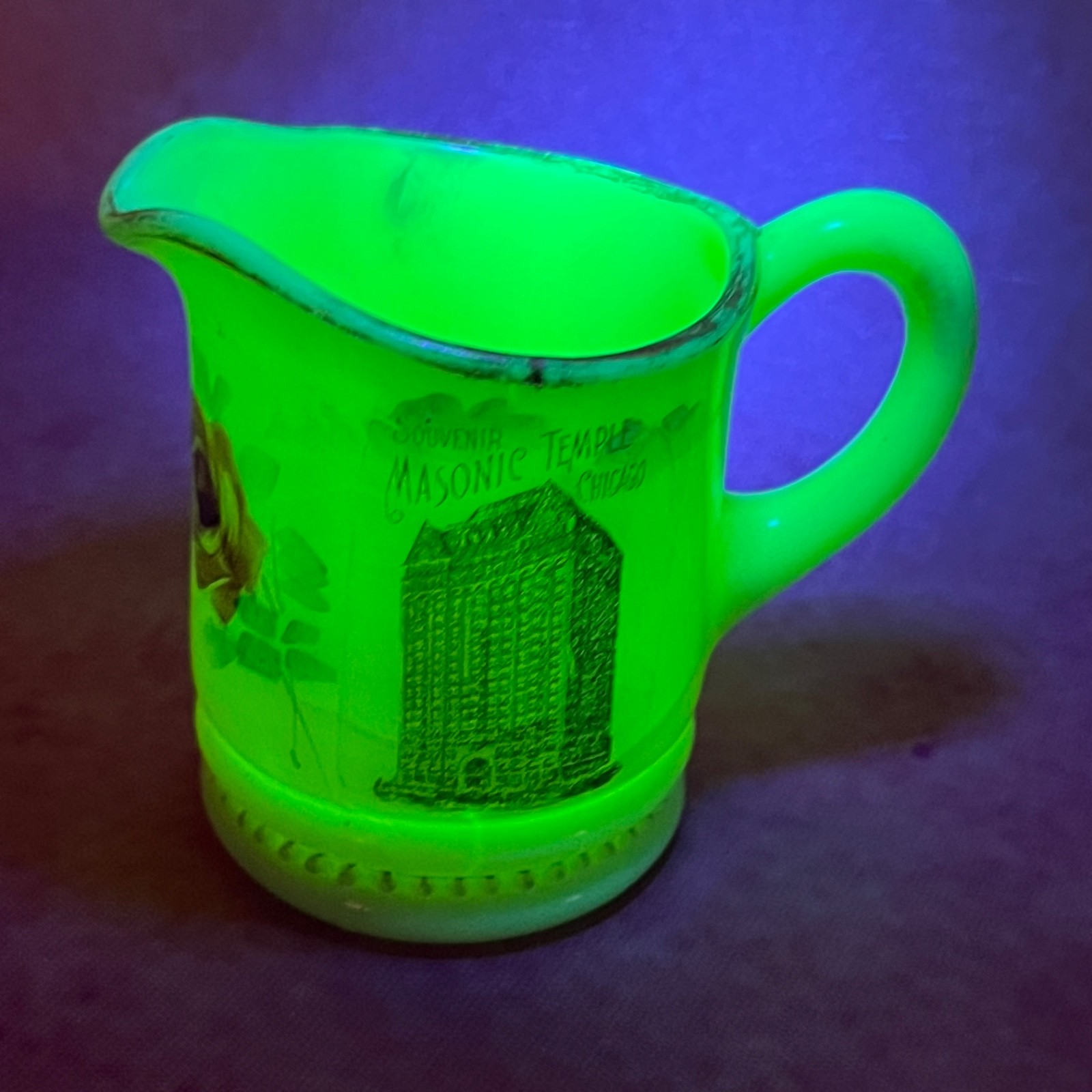 Antique Uranium Custard Glass Souvenir Miniature Creamer Chicago Masonic Temple