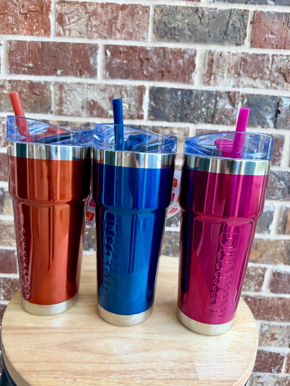 Dunkin Stainless Steel Tumbler Set  24 oz Blue, Pink & Orange