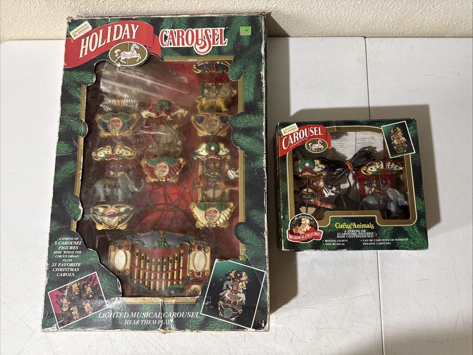 Vintage 90s Mr Christmas Moving Carousel Ornaments Circus Animals & Extras WORKS