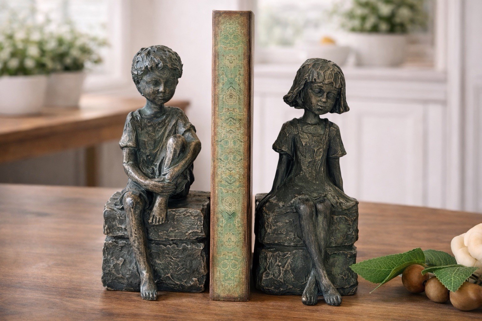 Vintage Style Young Boy And Girl Sitting On Block Of Stone Bookends Aged Patina