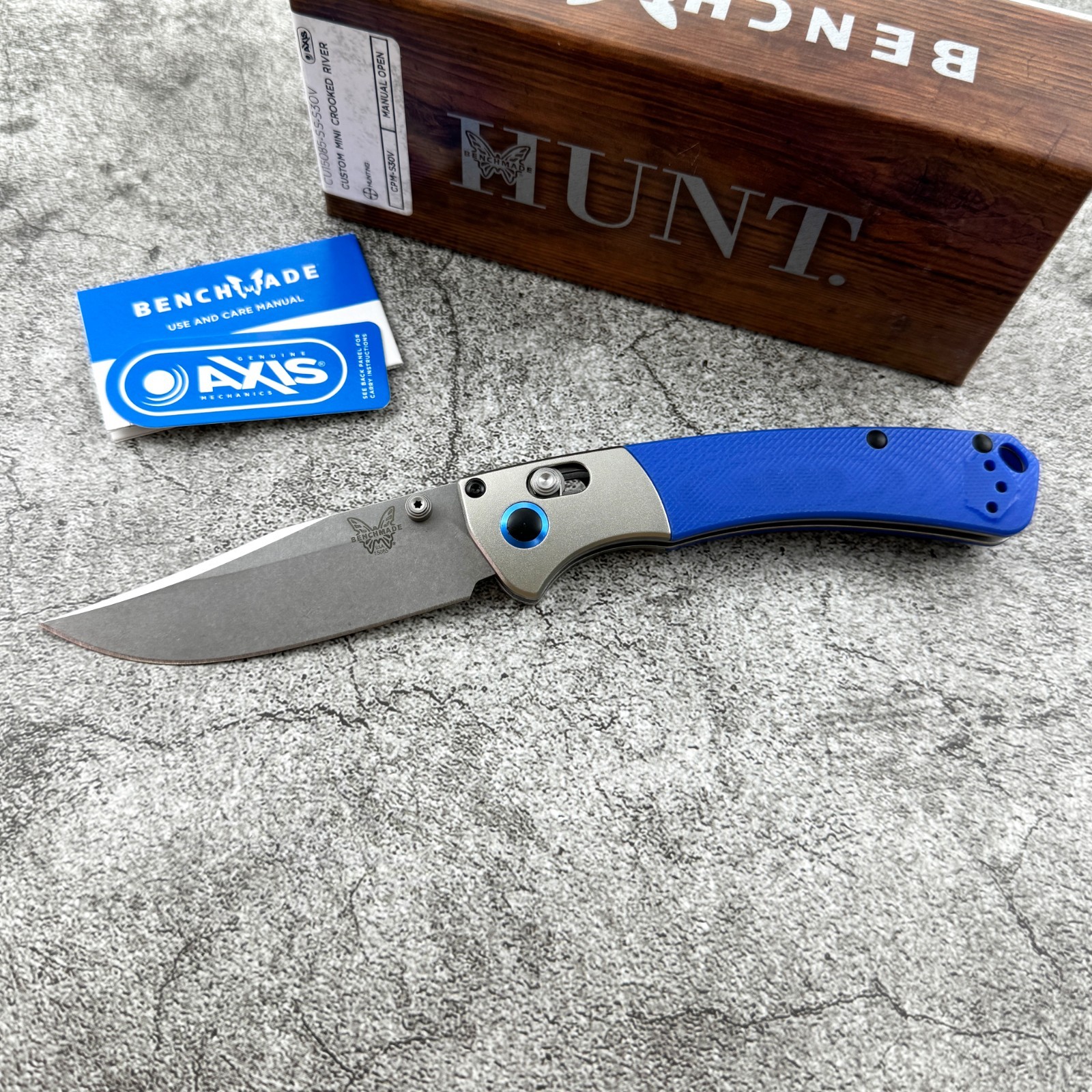 Benchmade Custom Mini 15085-SS Crooked River Satin Aluminum Blue G10 Knife