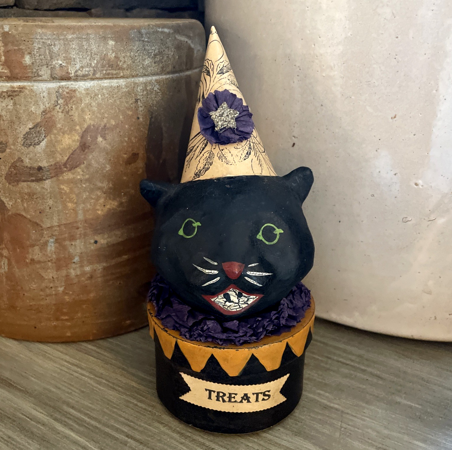 Nicol Sayre Halloween Black Cat Treats Paper Mache Box Cannon Falls VTG