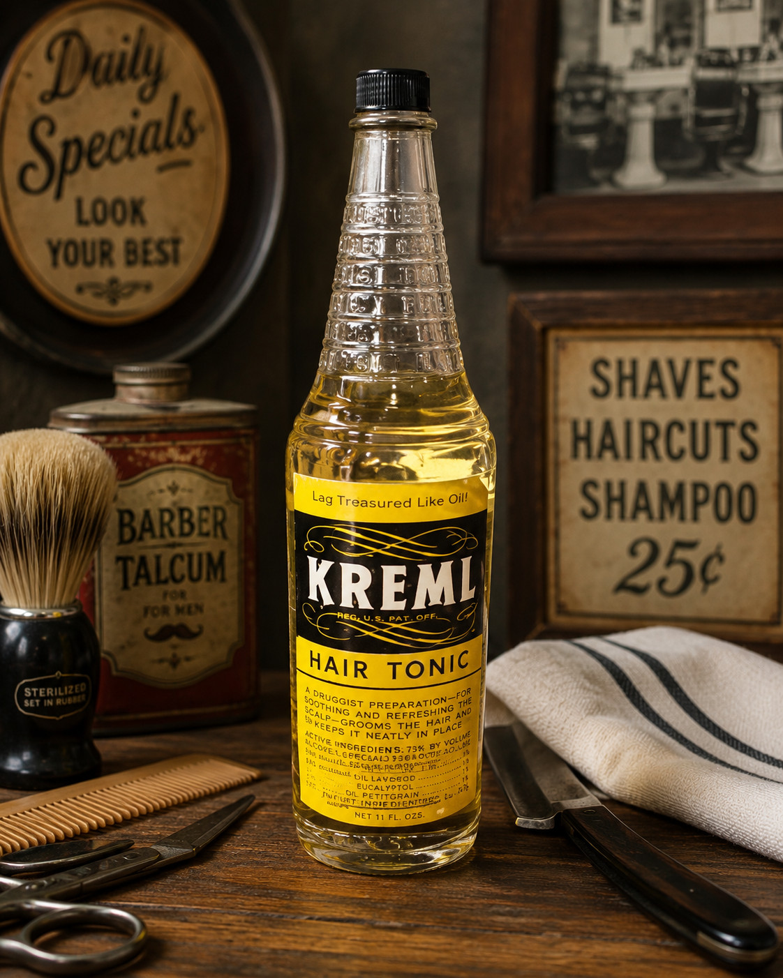Vintage 1950s KREML Hair Tonic Glass Bottle Barber Shop Salon Advertising