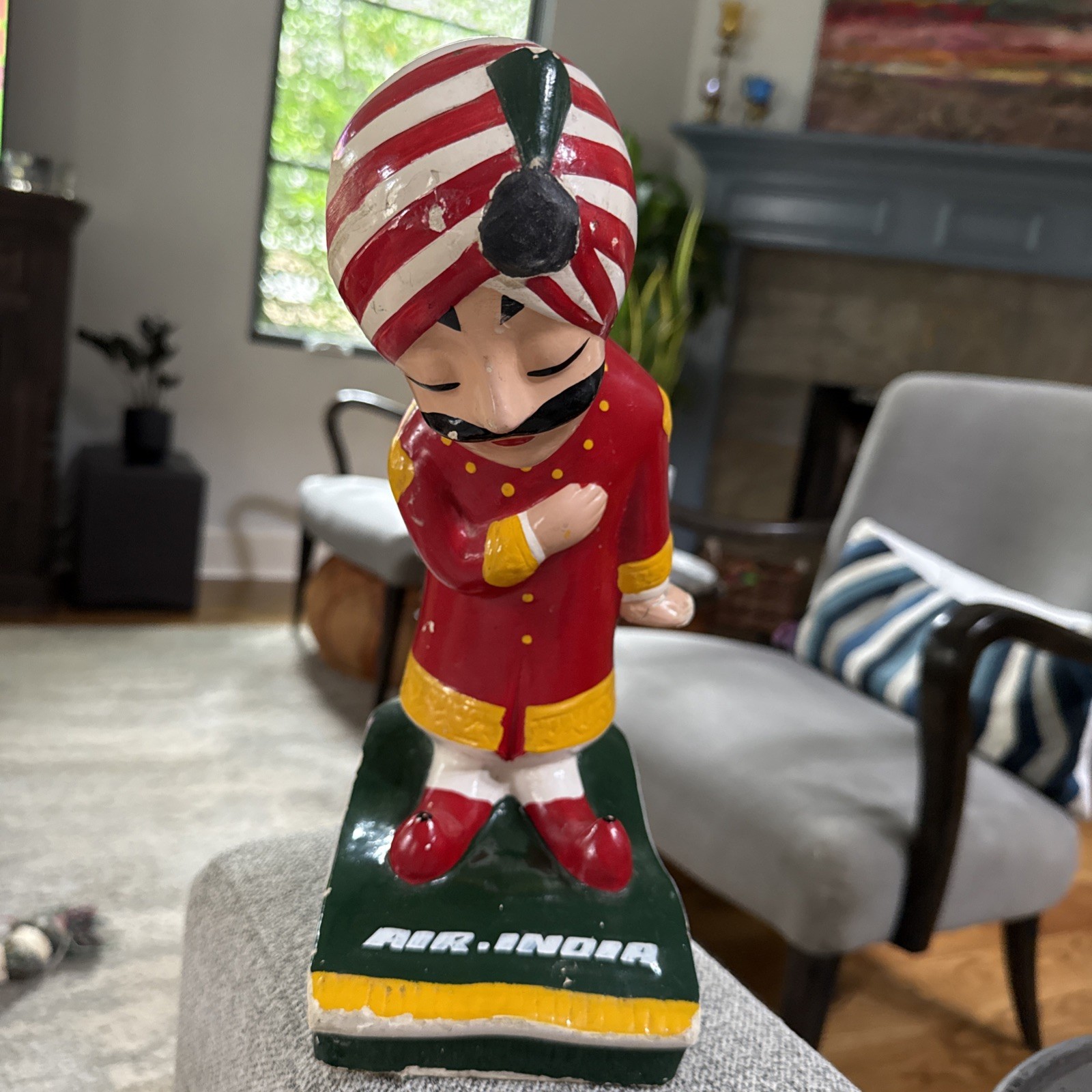 Vintage 12 In Air India Hand Carved Wooden  Figurine