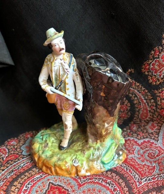 Antique 19thc French Polychrome Male Figurine, Glazed Porcelain, Pen Holder/Vase