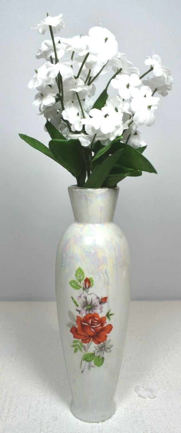 Iridescent Bud Vase w/ Orange Tall Vintage Rose & Pink Flower Japanese Purchase