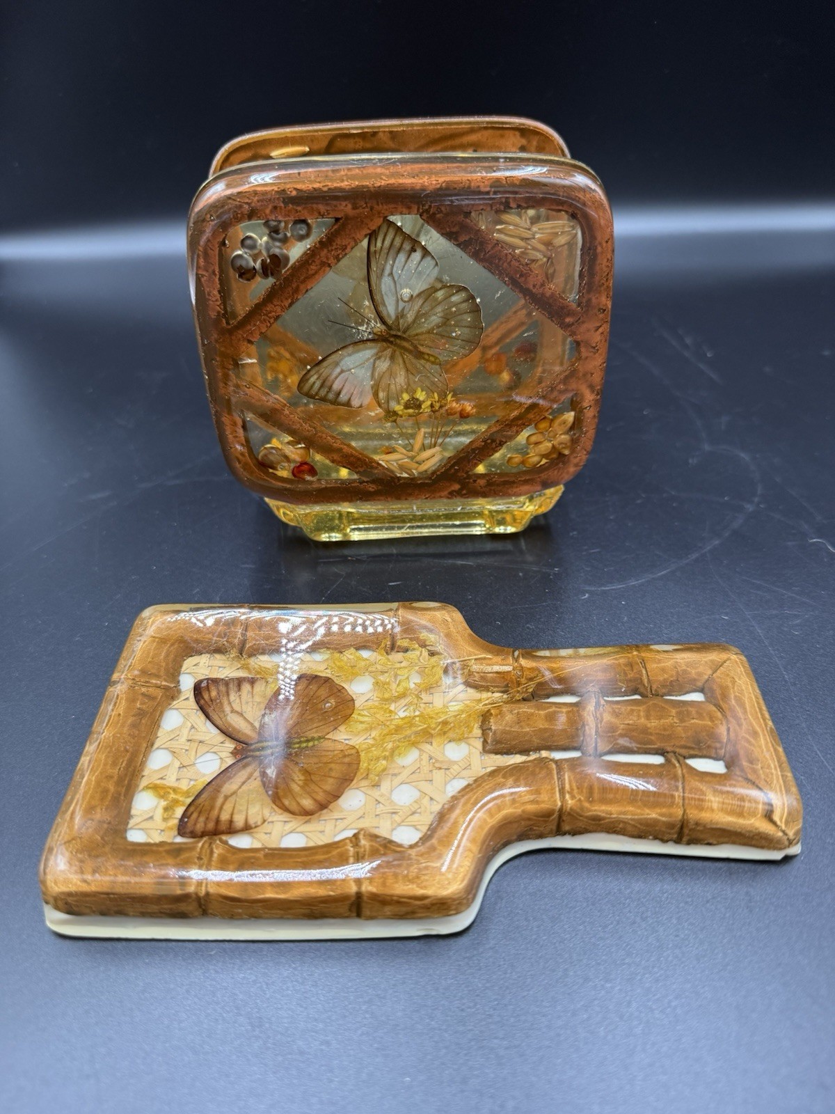 Vintage 1970s Lucite Resin Butterfly & Botanical 2-Piece Kitchen Set
