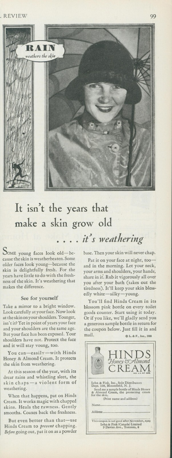 1928 Hinds Honey Almond Cream Lotion Woman Rain Gear Weathering Vtg Print Ad PR3