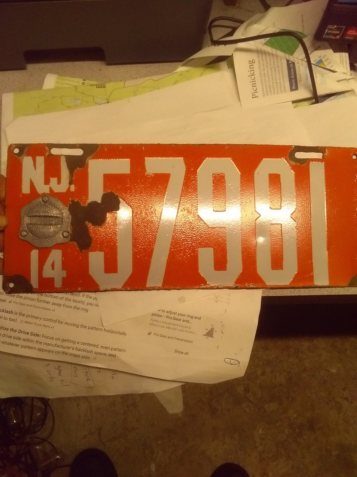 1914 NJ Porcelain License Plate - Orange Shade Variant w/ Badge