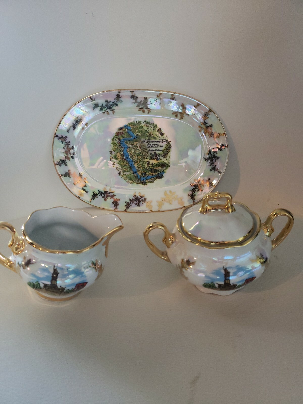 Hoffmann Handerbeit Germany Set,of Tray, Creamer And Sugar Bowls. 24 karat trim.