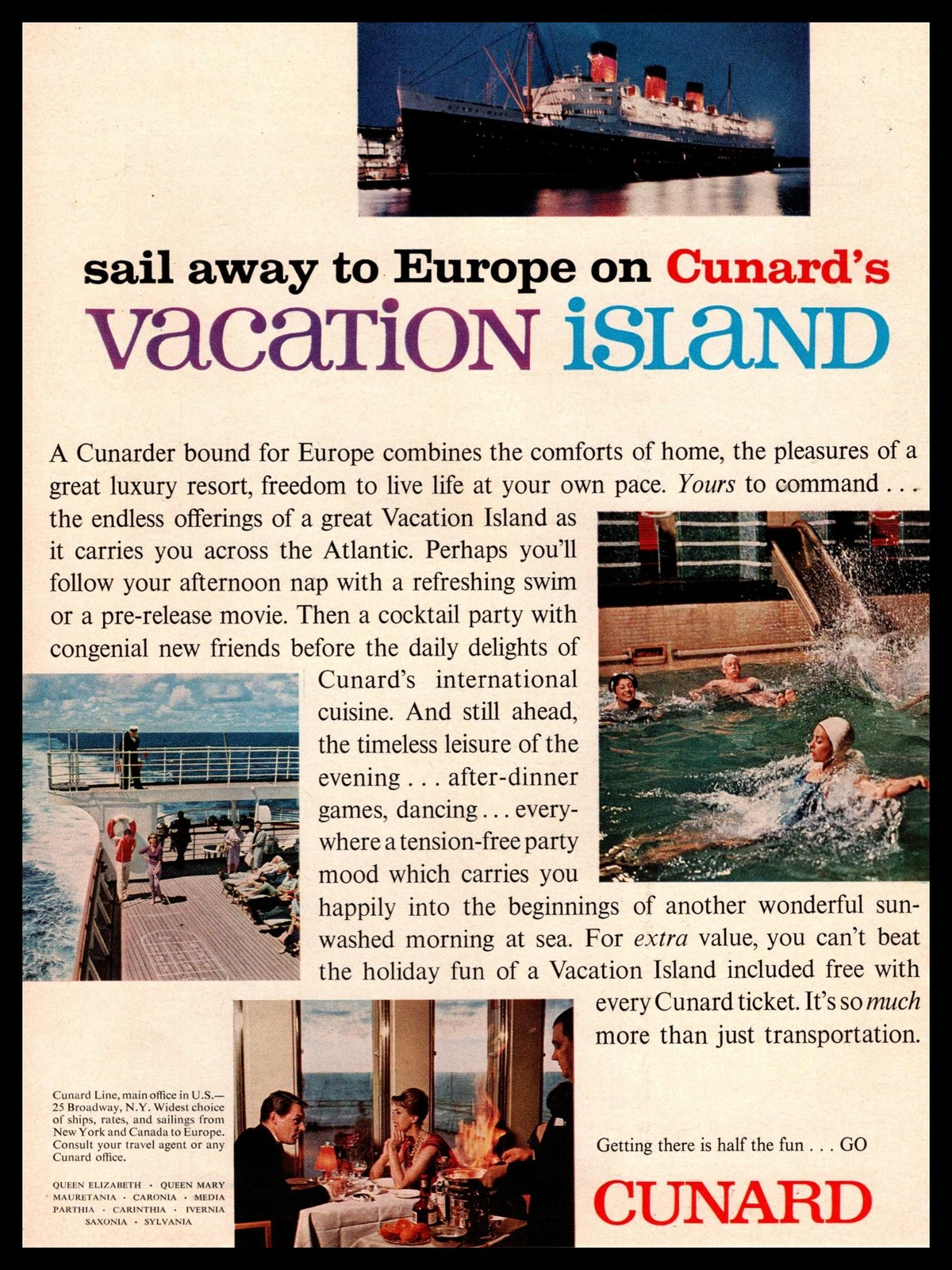 1961 Cunard Europe Vacation Island Cruise Ship Line Vintage Travel Print Ad