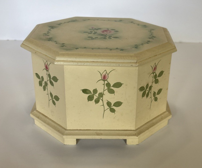 Vintage M I M Lador Inc. Octagonal Wooden Music Jewelry Box with Floral Motif