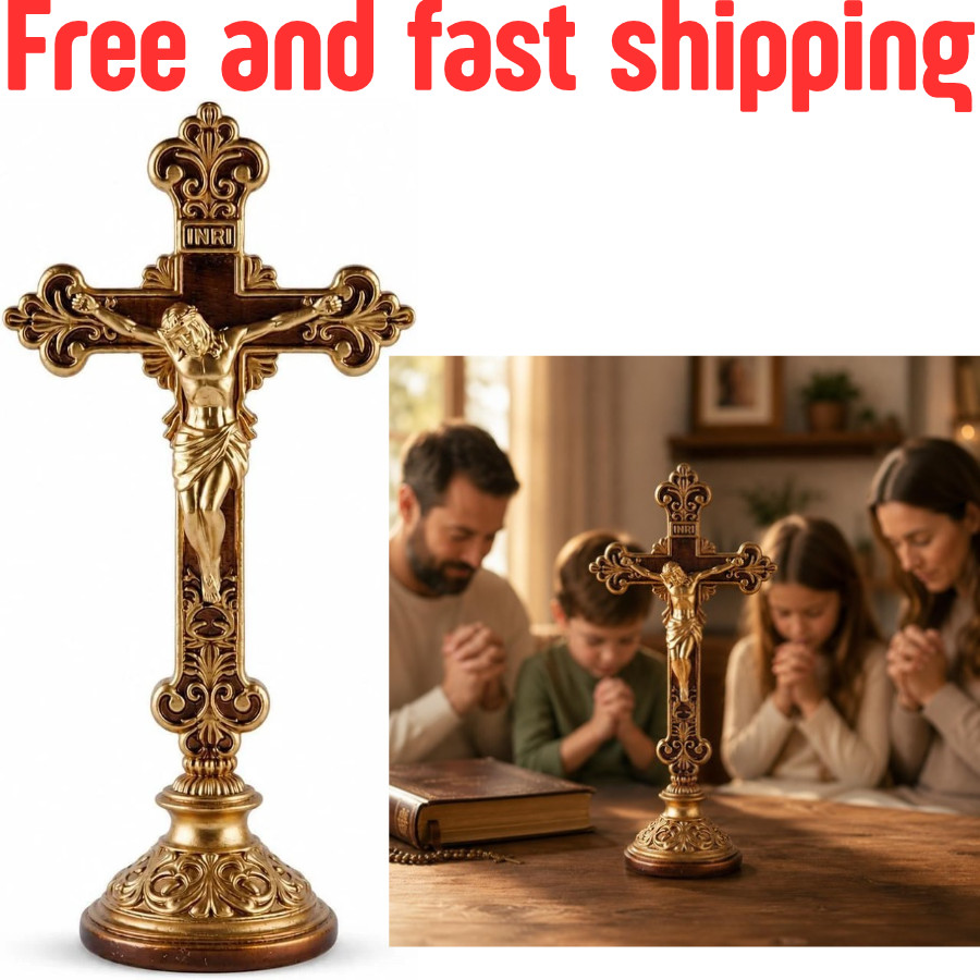 Jesus Christ Crucifix Statue with Base, 12 Inch Gold Resin Tabletop Cross, Elega