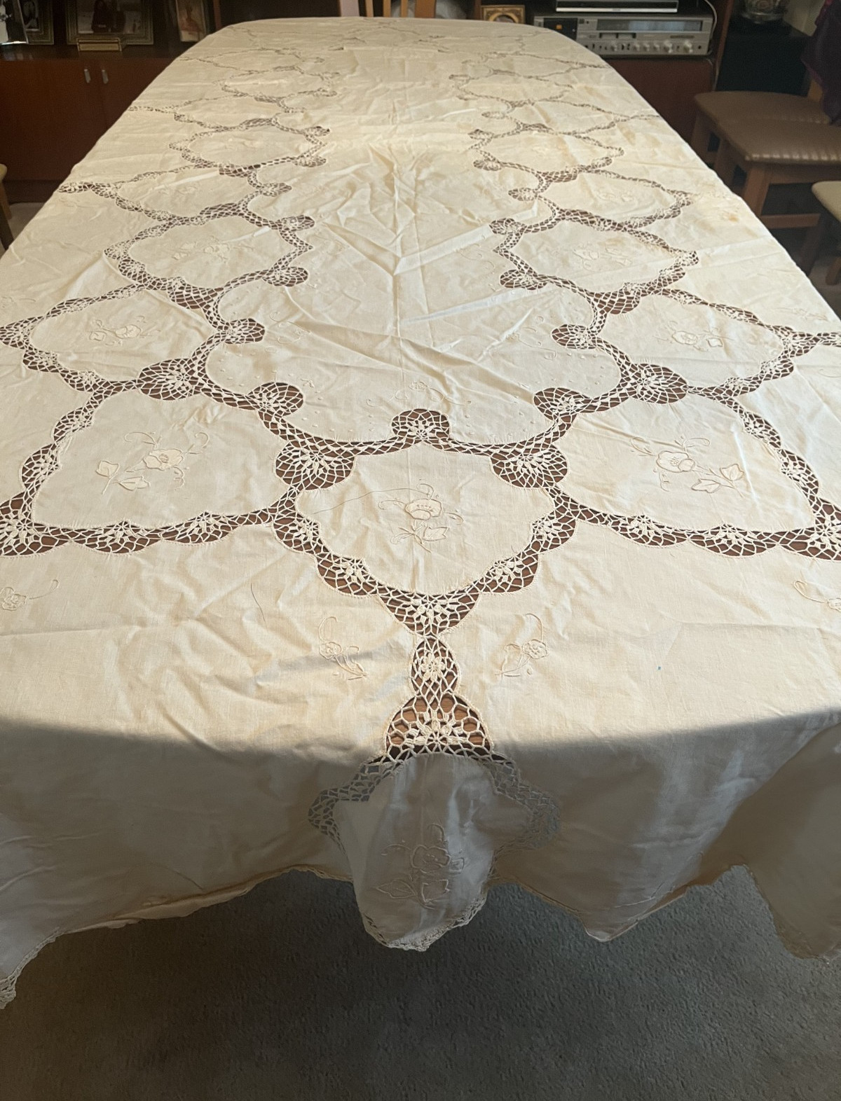 Vintage Italian Cotton Embroidery Crochet Beige Tablecloth 63\
