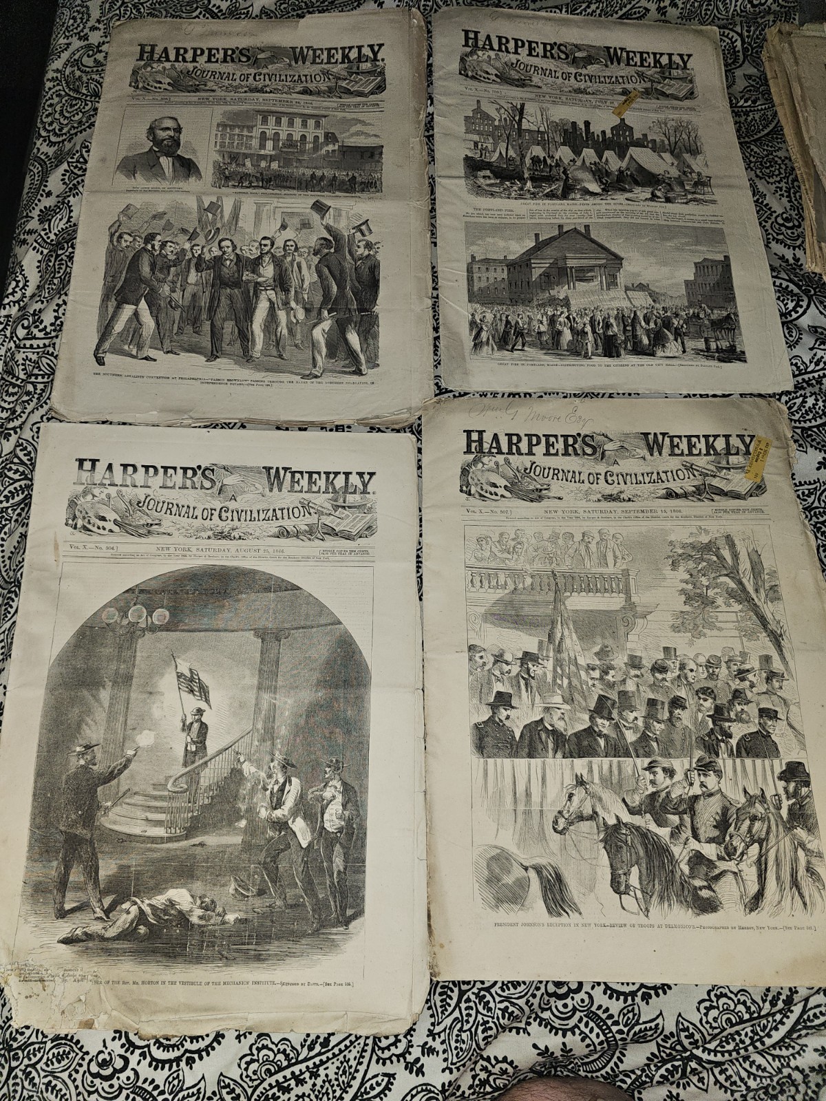 ​1866 Harpers Weekly Lot 4 Full Issues Civil War Reconstr Portland Fire Johnson 