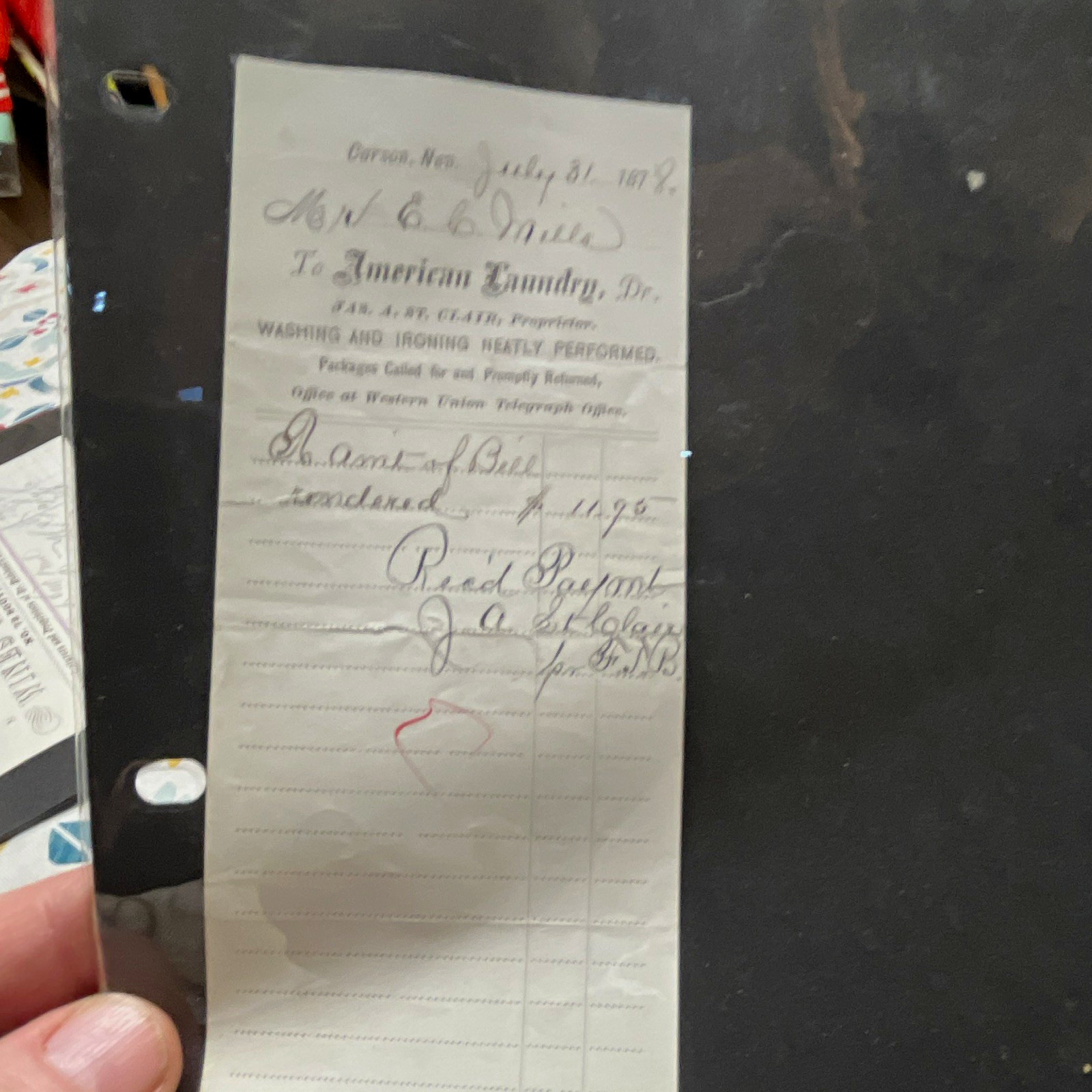 Antique 1878 American Laundry Receipt J.A. St. Clair Carson, Nev.