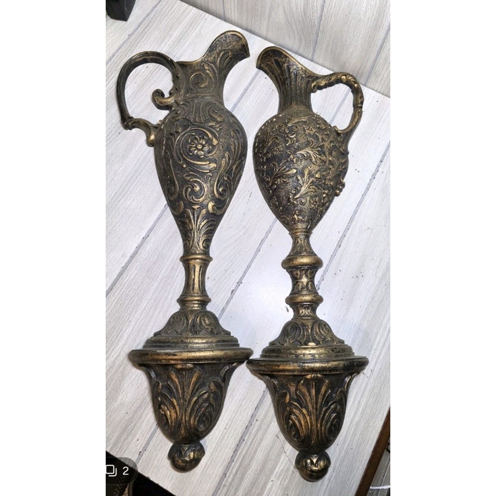 Vtg 1973 MCM HOMCO Pitcher Ewer Black & Gold Wall Plaques Hollywood Regency USA
